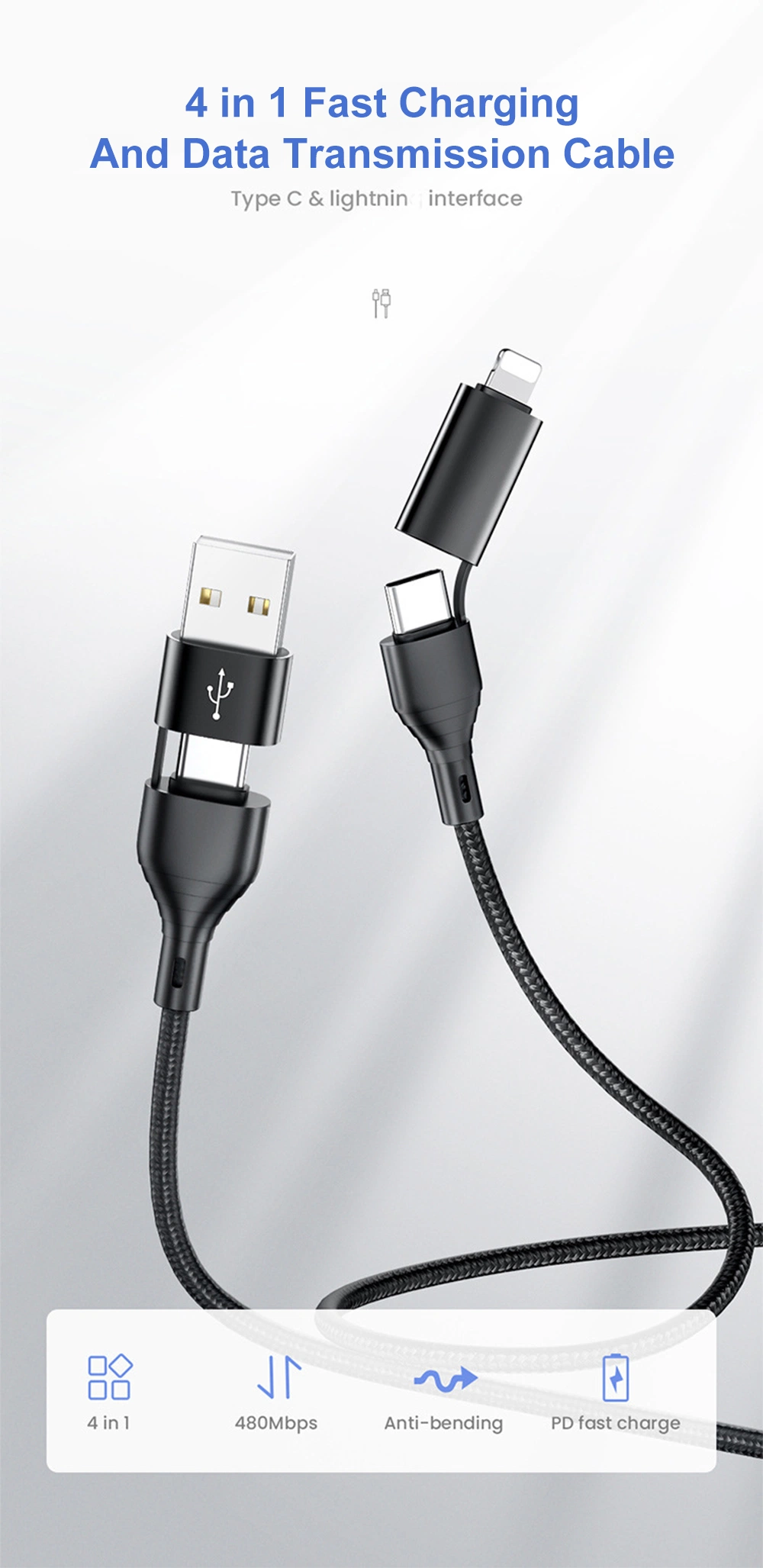 Wholesale Fast Charging Cable a to C and Lightning C to C and Lighting Magnetic Phone Charger 4-in-1 Data Cable