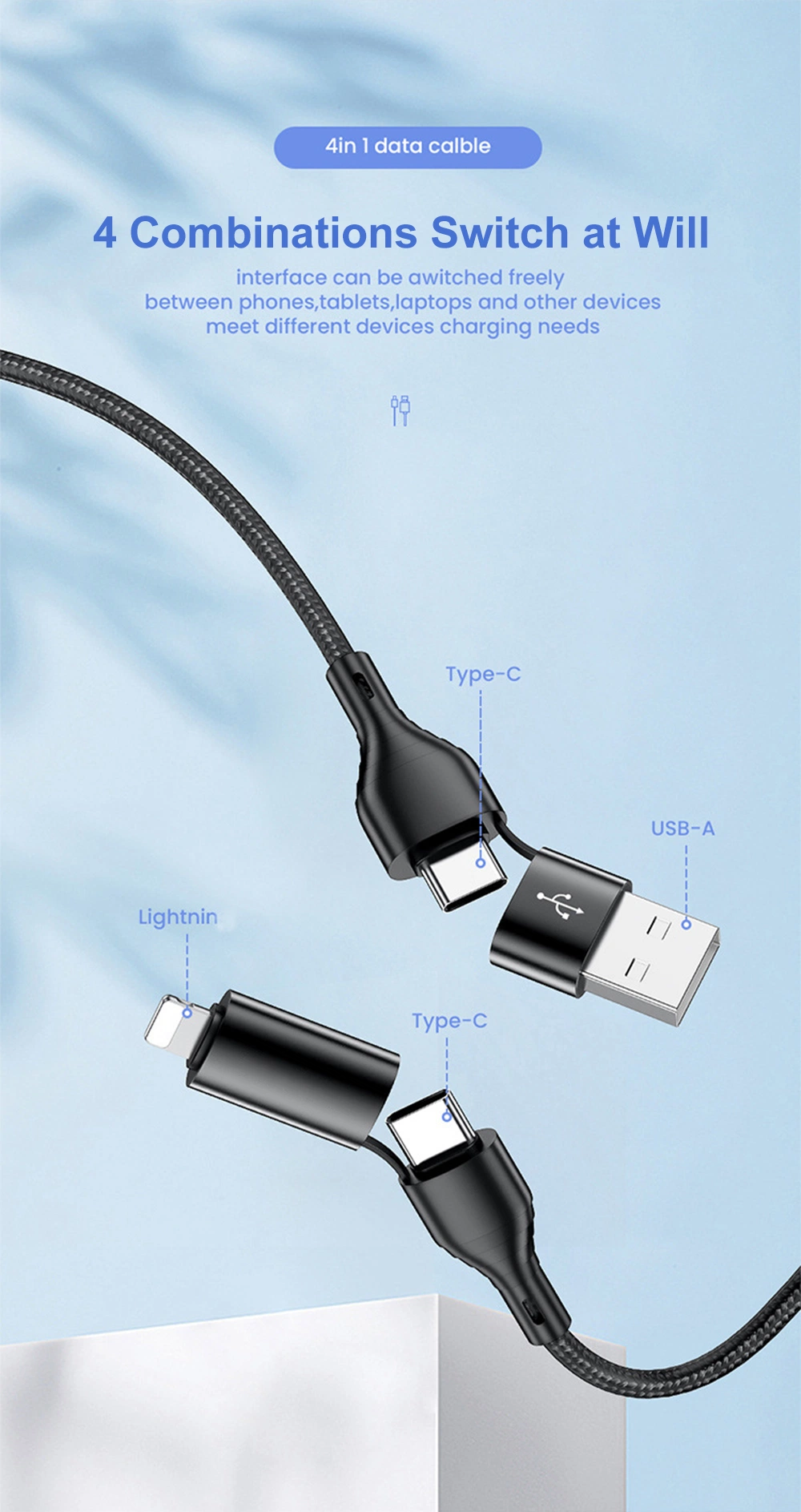 Wholesale Fast Charging Cable a to C and Lightning C to C and Lighting Magnetic Phone Charger 4-in-1 Data Cable